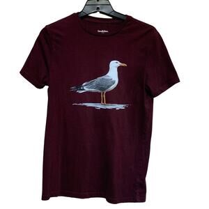 Hand Printed Upcycled Womens Small Watercolor Summer Seagull Bird PolyCotton Tee